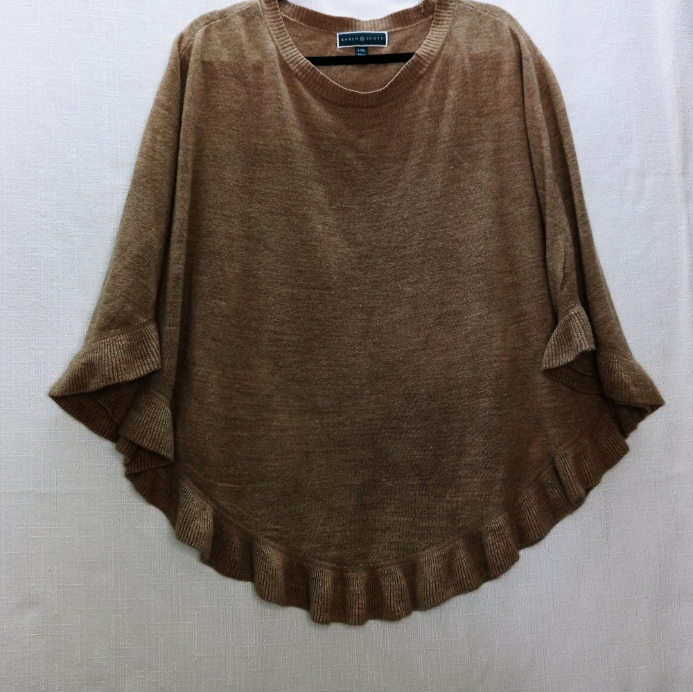 Karen Scott womens pull over shrug poncho sweater l/XL tan ruffled edge